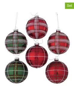 12-delige Set: Kerstballen "Tartan" Groen/rood - Ø 8 Cm