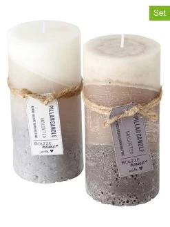2-delige Set: Stompkaarsen "Nureo" Lichtbruin/wit - 2x 440 G