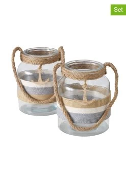 2-delige Set: Windlichten "Strips" Lichtbruin - (H)21 X Ø 17 Cm