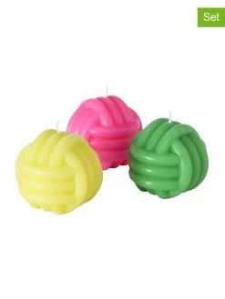 3-delige Set: Kaarsen "Knot" Geel/groen/roze - 3x 250 G