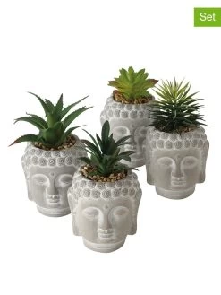 4-delige Set: Decoratieve Planten "Buddha Zenos" Grijs/groen - (H)17 X Ø 13 Cm